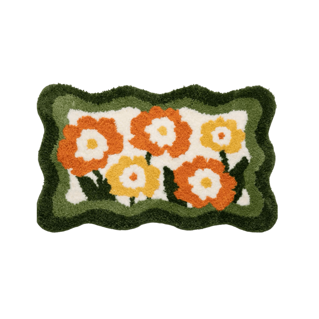 green orange flower wavy bathmat rug