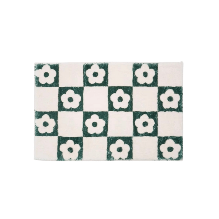 Green Checkered Floor Mat With Daisy Flowers