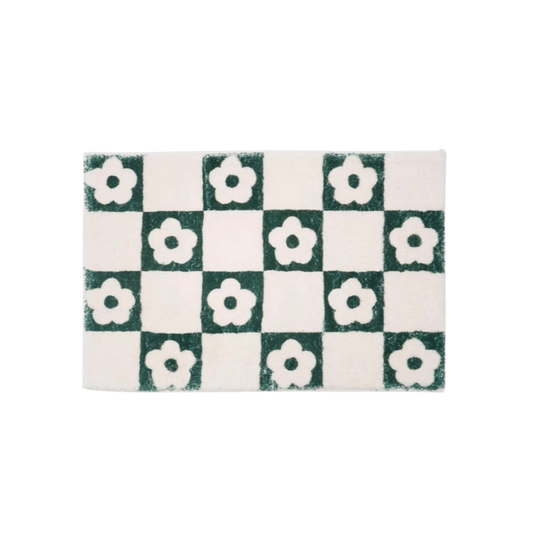 Green Checkered Floor Mat With Daisy Flowers