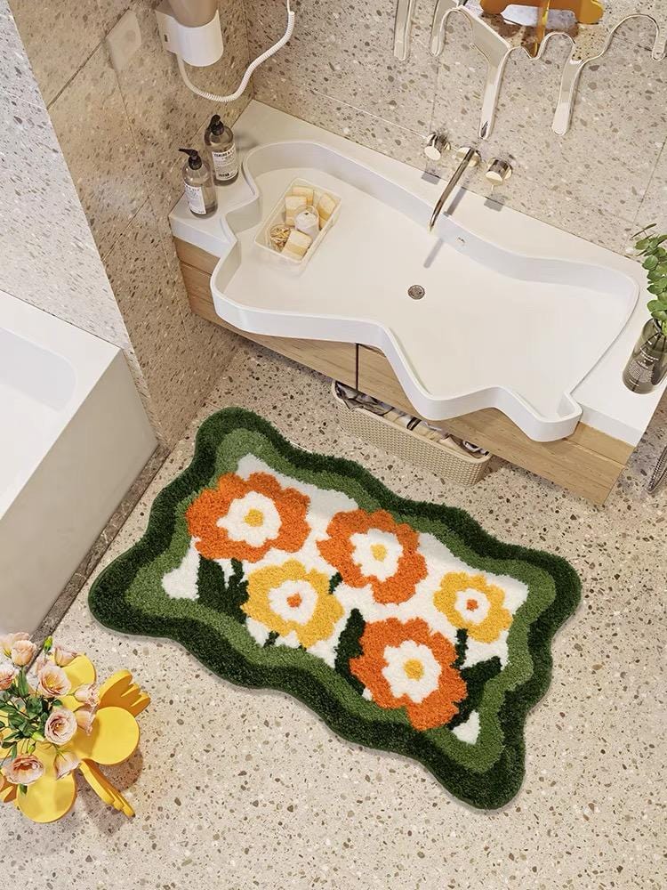 green orange flower wavy bathroom mat rug