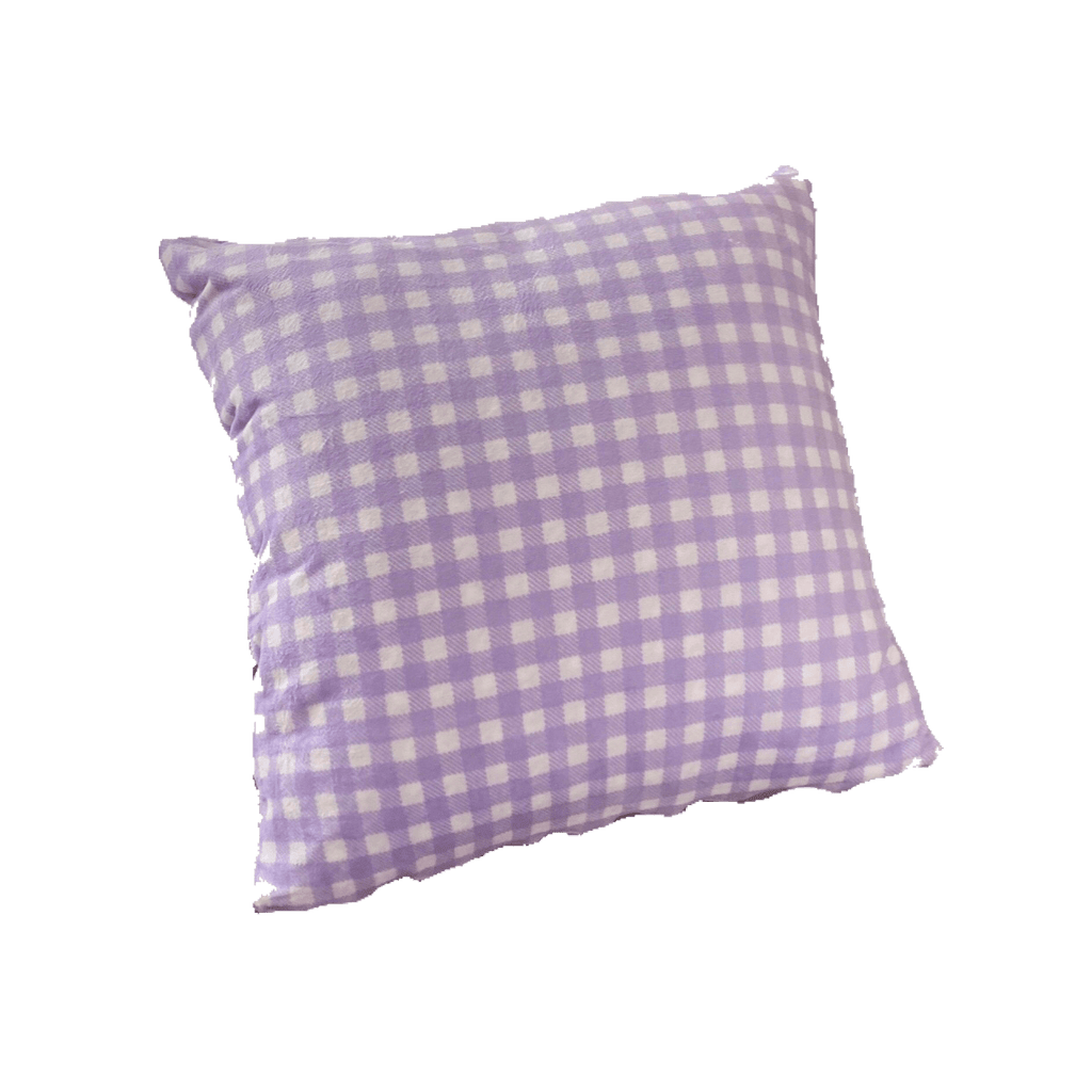 Soft lavender and white gingham plaid throw pillow with a soft fabric square design for home decor