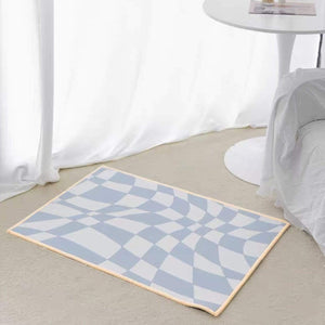 pastel blue warped checkered rug 