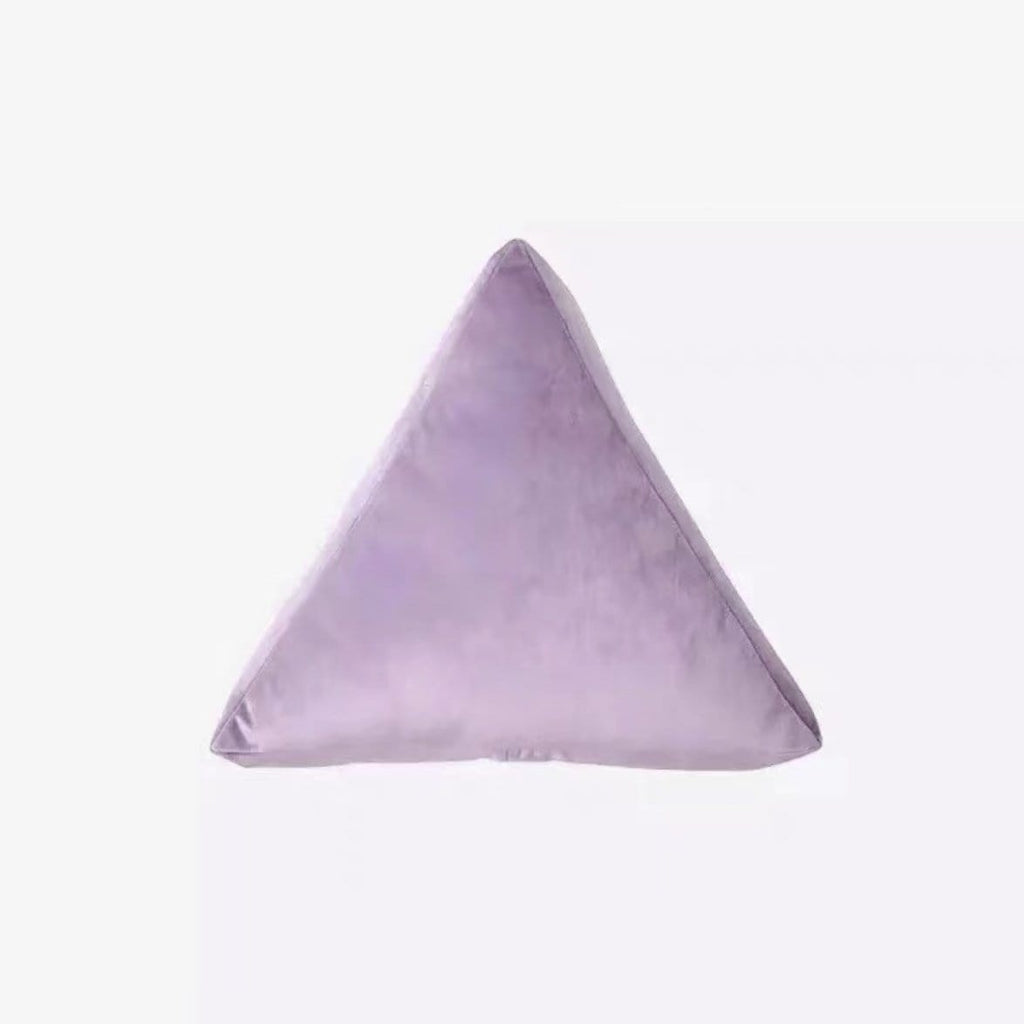 A soft lavender velvet triangular cushion featured as a plush velvet geometry pillow for stylish comfort
